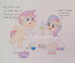 Size: 1080x912 | Tagged: safe, artist:mmy_little_drawings, derpibooru import, oc, unofficial characters only, pony, unicorn, clothes, dialogue, duo, erlenmeyer flask, eyelashes, female, flask, glowing horn, goggles, horn, image, jpeg, lab coat, magic, mare, obtrusive watermark, telekinesis, traditional art, unicorn oc, watermark