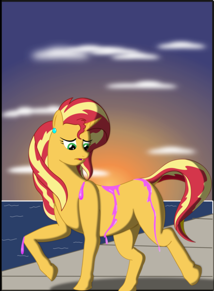 Size: 2295x3122 | Tagged: safe, artist:physicrodrigo, derpibooru import, part of a set, sunset shimmer, pony, unicorn, equestria girls, beach, blank flank, commission, dismay, dock, dripping, ear piercing, earring, female, high res, human to pony, image, jewelry, looking at self, looking down, mare, ocean, open mouth, piercing, png, potion, raised hoof, solo, story included, sun, sunset, the conversion bureau, transformation, transformation sequence, transformed, walkway