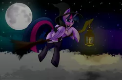 Size: 3296x2160 | Tagged: safe, alternate version, artist:darbedarmoc, derpibooru import, twilight sparkle, twilight sparkle (alicorn), alicorn, pony, blushing, broom, butt, candle, clothes, cloud, costume, dock, female, flying, flying broomstick, frog (hoof), halloween, hat, high res, holiday, hooves, horn, image, jpeg, lamp, lantern, looking at you, looking back, looking back at you, mare, moon, night, plot, presenting, rear view, robe, sky, socks, solo, spreading, stars, stockings, tail, tail aside, thigh highs, tongue out, two toned mane, underhoof, wings, witch, witch costume, witch hat