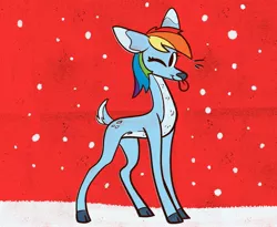 Size: 2800x2292 | Tagged: safe, artist:jimmyjamno1, derpibooru import, rainbow dash, deer, reindeer, ;p, cute, dashabetes, high res, image, jpeg, one eye closed, red background, reindeer dash, reindeerified, simple background, snow, snowfall, solo, species swap, tongue out, wink, winter