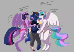 Size: 3508x2480 | Tagged: suggestive, artist:cellyphone, artist:settop, derpibooru import, princess celestia, princess luna, twilight sparkle, alicorn, anthro, human, unguligrade anthro, air nozzle, arm hooves, assisted exposure, bipedal, boop, bra, breasts, busty princess celestia, busty princess luna, busty twilight sparkle, clothes, female, forced smile, glasses, gray background, handles, hoof hands, human to anthro, image, inanimate tf, inflatable, inflatable toy, living inflatable, male to female, onomatopoeia, panties, png, rule 63, scrunchy face, simple background, smiling, transformation, transgender transformation, twilight sparkle (alicorn), underwear, wings