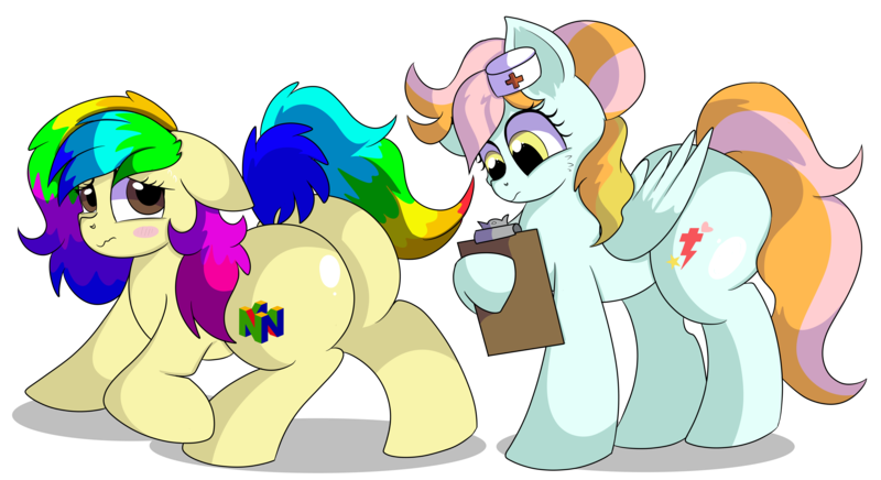 Size: 7700x4200 | Tagged: safe, artist:rainbowtashie, author:bigonionbean, derpibooru import, lightning dust, nurse redheart, oc, oc:instant care, oc:rainbow tashie, earth pony, pegasus, pony, blushing, butt, clipboard, commissioner:bigonionbean, cutie mark, embarrassed, extra thicc, female, flank, fusion, fusion:instant care, hat, image, mare, nurse hat, plot, png, scrunchy face, simple background, transparent background