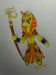 Size: 2609x3466 | Tagged: safe, artist:bsw421, derpibooru import, oc, oc:blaze burn, unofficial characters only, pony, unicorn, ancient egypt, clothes, costume, egypt, egyptian, egyptian headdress, egyptian pony, fashion, gift art, horn, image, jpeg, male, photo, smite, solo, standing, traditional art, unicorn oc, weapon