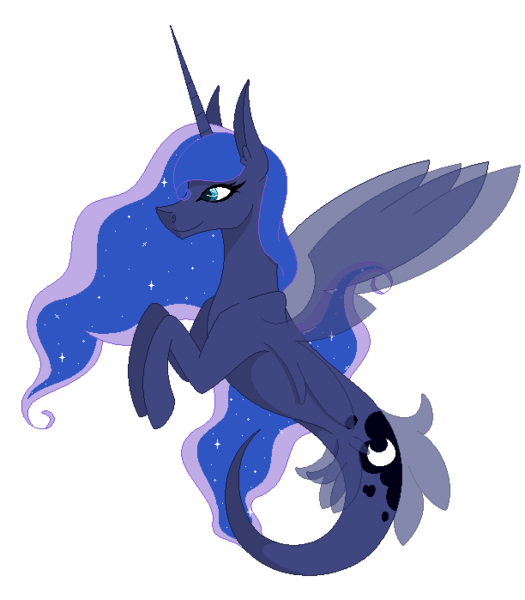 Size: 612x699 | Tagged: safe, artist:tokyiomewmew, derpibooru import, princess luna, alicorn, pony, seapony (g4), blue eyes, clothes, dorsal fin, ethereal mane, female, fin wings, fins, fish tail, flowing mane, flowing tail, horn, image, long horn, pixel art, png, seaponified, seapony luna, see-through, simple background, smiling, solo, species swap, starry mane, starry tail, tail, transparent background, wings