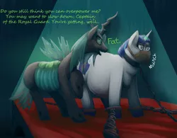 Size: 2014x1568 | Tagged: semi-grimdark, suggestive, artist:lupin quill, derpibooru import, queen chrysalis, shining armor, changeling, pony, unicorn, fanfic:feedbag, alternate timeline, angry, bad end, bed, belly, bhm, bondage, cave, chained, chains, chubby, collar, fanfic art, fat, fat fetish, feed bag, fetish, flabby chest, force feeding, image, lineless, magic suppression, male, malesub, neck fat, onomatopoeia, png, queen chrysalard, shackles, shining blubber, shiningsub, submissive, teasing, weight gain