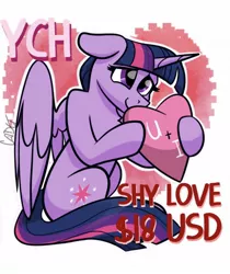 Size: 968x1152 | Tagged: safe, artist:cadetredshirt, derpibooru import, twilight sparkle, twilight sparkle (alicorn), alicorn, pony, commission, holiday, image, jpeg, shy, sitting, solo, valentine, valentine's day, ych example, ych result, your character here