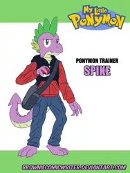 Size: 1024x1365 | Tagged: safe, artist:greenlinzerd, derpibooru import, spike, anthro, anthro dragon, clothes, crossover, hoodie, image, looking at you, male, my little ponymon, older, older spike, png, pokéball, pokémon, pokémon trainer, ponymon, solo, teenager, teenage spike