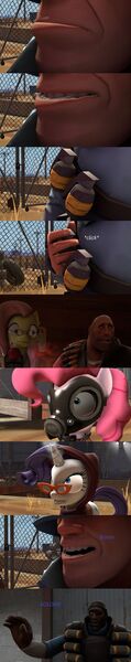 Size: 1024x5170 | Tagged: safe, artist:freddy417a, derpibooru import, fluttershy, pinkie pie, rarity, 2fort, 3d, comic, demoman, fluttermedic, heavy, image, jpeg, pinkie pyro, rarispy, soldier, source filmmaker, team fortress 2