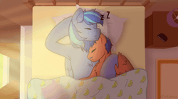 Size: 872x486 | Tagged: safe, artist:kichimina, derpibooru import, oc, oc:griffin, unofficial characters only, pegasus, pony, animated, bed, bedroom, chest fluff, colored, commission, cuddling, cute, ear fluff, eyes closed, fluffy, gay, gif, hooves, hug, image, lying down, male, morning, oc x oc, on back, open mouth, pegasus oc, pillow, raised hoof, shipping, sleeping, stallion, sun ray, vector, wings, ych result