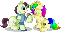 Size: 9000x4700 | Tagged: safe, artist:rainbowtashie, author:bigonionbean, derpibooru import, donut joe, soarin', oc, oc:quick coffee, oc:rainbow tashie, earth pony, pegasus, pony, unicorn, butt, clothes, commissioner:bigonionbean, cookie, cutie mark, extra thicc, female, flank, food, fusion, fusion:quick coffee, image, male, mare, not an alicorn, plot, png, simple background, stallion, tongue out, transparent background