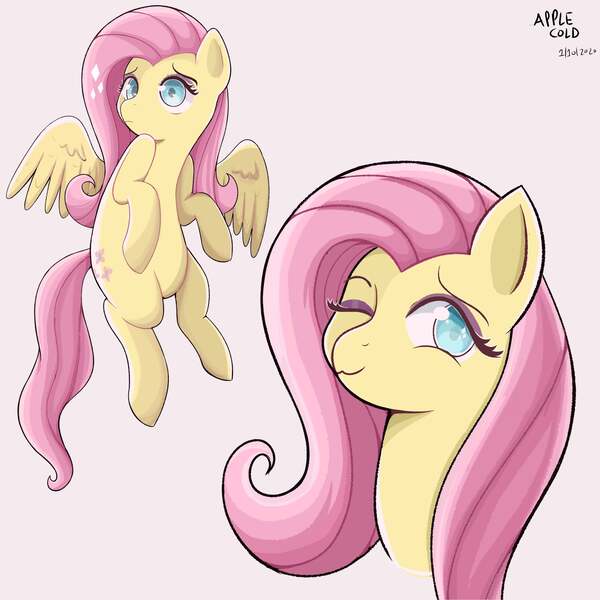 Size: 1925x1925 | Tagged: safe, artist:applecold, derpibooru import, fluttershy, pegasus, pony, 2020, :3, ;3, cute, floating, image, jpeg, looking at you, one eye closed, shyabetes, simple background, solo, white background, wink, winking at you