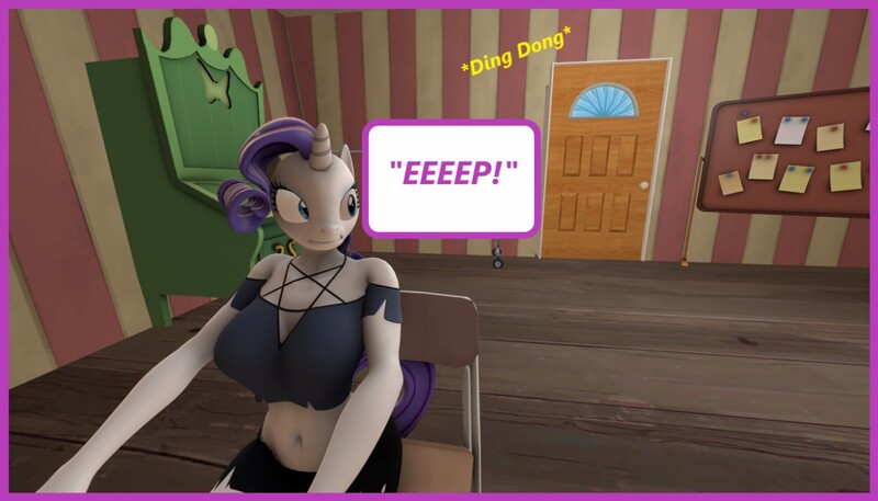 Size: 1280x731 | Tagged: suggestive, artist:megacheese, derpibooru import, rarity, anthro, unicorn, 3d, belly button, breasts, busty rarity, chair, cutie mark, door, doorbell, female, horn, image, jpeg, onomatopoeia, shocked, sitting, solo, solo female, sound effects, source filmmaker, speech bubble, startled, tail, text