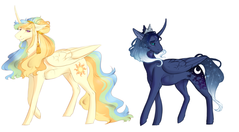 Size: 3282x1827 | Tagged: safe, artist:yozora122, derpibooru import, princess celestia, princess luna, alicorn, pony, alternate design, duo, ethereal mane, female, image, mare, png, short mane, siblings, simple background, sisters, starry mane, transparent background