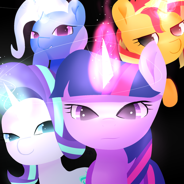 Size: 1560x1560 | Tagged: safe, artist:nicxchy, derpibooru import, starlight glimmer, sunset shimmer, trixie, twilight sparkle, twilight sparkle (alicorn), alicorn, pony, unicorn, female, glowing horn, horn, image, magic, magical quartet, mare, png, smiling