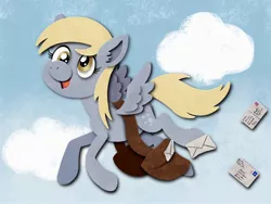 Size: 2048x1536 | Tagged: safe, artist:catscratchpaper, derpibooru import, derpy hooves, pegasus, pony, cloud, cute, cutout, derpabetes, ear fluff, female, flying, image, jpeg, letter, mailbag, mare, open mouth, sky, solo