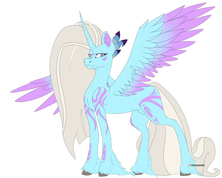 Size: 5000x4000 | Tagged: safe, artist:chazmazda, derpibooru import, oc, oc:charlie gallaxy-starr, unofficial characters only, pony, feather, glow up, horn, image, long hair, new design, photo, png, simple background, solo, speedpaint, transparent background, wings