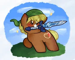 Size: 598x474 | Tagged: safe, artist:unclecucky, derpibooru import, quarter hearts, earth pony, pony, blushing, chibi, cloud, cute, dot eyes, hat, image, link, male, mouth hold, png, quarterbetes, raised hoof, solo, sparkles, stallion, sword, the legend of zelda, weapon