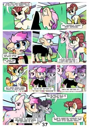 Size: 2100x3000 | Tagged: safe, artist:loryska, derpibooru import, oc, oc:clarabelle, oc:conundrum solar flare, oc:niko, oc:plumeria, earth pony, hybrid, pony, zony, comic:friendship grows, image, offspring, parent:derpy hooves, parent:doctor whooves, parent:quibble pants, parent:rainbow dash, parents:doctorderpy, parents:quibbledash, plane, png