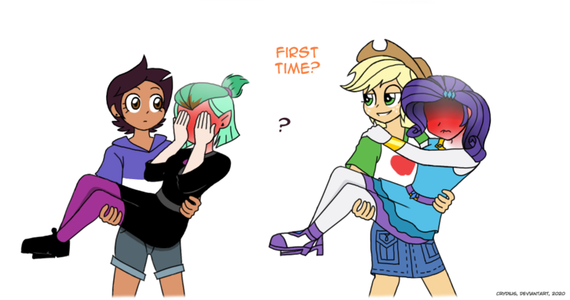 Size: 956x504 | Tagged: safe, artist:crydius, derpibooru import, applejack, rarity, equestria girls, amity blight, blushing, blushing profusely, female, image, lesbian, luz noceda, png, rarijack, shipping, simple background, the owl house, transparent background