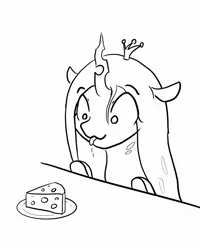Size: 1496x1867 | Tagged: safe, artist:nullpotower, derpibooru import, queen chrysalis, changeling, changeling queen, black and white, bust, cheese, cute, cutealis, drool, female, food, grayscale, image, jpeg, looking at something, monochrome, portrait, queen swissalis, solo, swiss cheese, tongue out