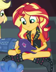 Size: 254x322 | Tagged: safe, derpibooru import, screencap, applejack, sunset shimmer, equestria girls, equestria girls series, the finals countdown, boots, clothes, cropped, crossed legs, cute, denim skirt, geode of empathy, image, jacket, leather, leather jacket, magical geodes, offscreen character, png, shimmerbetes, shoes, skirt