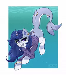 Size: 1067x1202 | Tagged: safe, artist:confetticakez, derpibooru import, oc, oc:sparkling whitefin, unofficial characters only, original species, pony, shark, shark pony, clothes, grin, hoodie, image, jpeg, looking at you, sharp teeth, smiling, solo, swimming, teeth, underwater