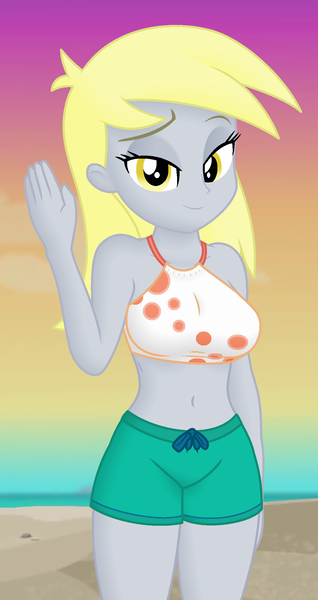 Size: 1160x2190 | Tagged: safe, derpibooru import, edit, edited screencap, editor:ah96, screencap, derpy hooves, aww... baby turtles, equestria girls, equestria girls series, belly button, breast edit, breasts, busty derpy hooves, clothes, clothes edit, cropped, derpy's swimsuit, female, image, lidded eyes, looking at you, png, shading, smiling, solo, swimsuit, swimsuit edit, waving