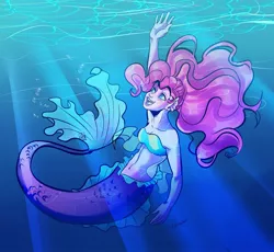 Size: 1521x1399 | Tagged: safe, artist:beyond_inside, derpibooru import, pinkie pie, human, mermaid, monster girl, bandeau, belly button, bikini, bikini top, clothes, humanized, image, jpeg, mermaidized, midriff, open mouth, signature, smiling, solo, species swap, swimsuit, underwater, waving