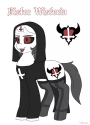 Size: 3211x4470 | Tagged: safe, artist:neoncel, derpibooru import, oc, oc:sister wisteria, demon, black sclera, blackletter, clothes, image, inverted cross, nun, png, reference sheet, sharp teeth, simple background, socks, solo, stockings, teeth, thigh highs, tongue out, upside down cross, white background