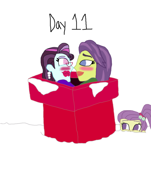 Size: 1280x1501 | Tagged: safe, artist:horroraceman93, derpibooru import, lily pad (equestria girls), principal abacus cinch, victoria, equestria girls, blushing, chimney, christmas, cinchtoria, female, holiday, image, lesbian, png, shipping, simple background, snow, stuck, transparent background