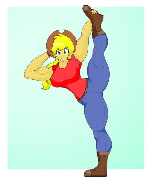 Size: 1859x2184 | Tagged: safe, artist:matchstickman, derpibooru import, applejack, human, applejacked, blue background, breasts, busty applejack, clothes, cowboy hat, hat, humanized, image, looking at you, muscles, out of frame, pants, png, pose, simple background, solo, stetson, white border