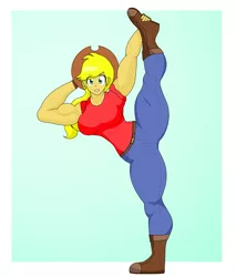 Size: 1859x2184 | Tagged: safe, artist:matchstickman, derpibooru import, applejack, human, applejacked, blue background, breasts, busty applejack, clothes, cowboy hat, hat, humanized, image, looking at you, muscles, out of frame, pants, png, pose, simple background, solo, stetson, white border