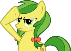Size: 497x362 | Tagged: safe, artist:nano23823, derpibooru import, apple fritter, earth pony, pony, .svg available, apple family member, base used, bow, eyelashes, female, frown, hair bow, image, mare, png, rainbow dash salutes, salute, simple background, solo, transparent background, underhoof, vector