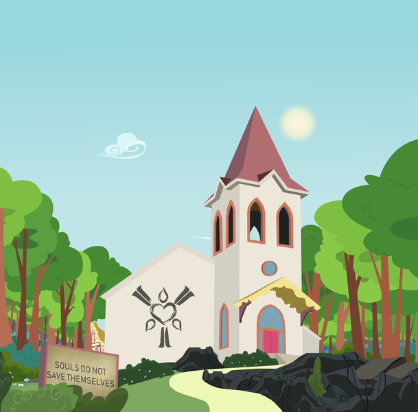 Size: 11526x11362 | Tagged: safe, artist:pencilsparkreignited, derpibooru import, oc, background, bush, church, cloud, cult, image, no pony, path, png, ponyville, rock, rock formation, scenery, show accurate, sign, sky, sun, symbol, tree, vector