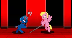 Size: 1040x548 | Tagged: safe, derpibooru import, oc, oc:hellfire, human, pegasus, pony, pony creator, axe, battle axe, colt, fantasy, female, fight, humanized, image, male, png, sword, weapon