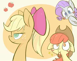 Size: 2424x1918 | Tagged: safe, artist:noupu, derpibooru import, apple bloom, applejack, rarity, earth pony, pony, unicorn, accessory swap, applejack's hat, blush sticker, blushing, bow, bust, cowboy hat, female, filly, floppy ears, hair bow, hat, image, jpeg, lidded eyes, mare, mouth hold, portrait, profile, trio