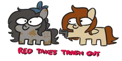 Size: 900x450 | Tagged: safe, artist:threetwotwo32232, derpibooru import, oc, oc:red, oc:trash, unofficial characters only, earth pony, pegasus, pony, female, garbage day, gun, image, loss (meme), mare, png, simple background, squatpony, weapon