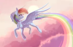 Size: 2950x1900 | Tagged: safe, artist:maybeweed, derpibooru import, rainbow dash, pegasus, pony, chest fluff, cloud, female, image, looking back, mare, png, rainbow, solo, spread wings, wings