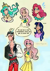 Size: 840x1191 | Tagged: safe, artist:valeriamagicart, derpibooru import, discord, fluttershy, pinkie pie, princess celestia, twilight sparkle, human, keep calm and flutter on, humanized, image, jpeg, traditional art