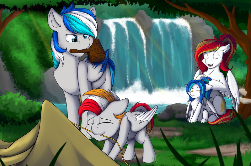 Size: 4928x3265 | Tagged: safe, artist:melodisde, derpibooru import, oc, oc:blazing sky, oc:diamond sun, oc:hawker hurricane, oc:sapphire moon, pegasus, pony, camping, colt, commission, cute, family, female, filly, foal, grass, hawkmond, image, jpeg, male, mare, nature, parent:oc:diamond sun, parent:oc:hawker hurricane, parents:hawkmond, pegasus oc, stallion, tree, twins, water, waterfall, wings