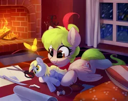 Size: 4096x3265 | Tagged: safe, artist:taneysha, derpibooru import, derpy hooves, oc, oc:pixie, pegasus, pony, fire, fireplace, image, jpeg, needle, pillow, pincushion, plushie, scissors, snow, snowfall, solo, thread, window