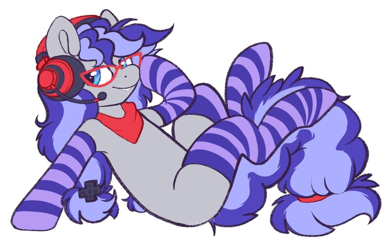 Size: 2048x1283 | Tagged: safe, artist:beashay, derpibooru import, oc, oc:cinnabyte, earth pony, pony, bandana, clothes, commissions open, female, gamer pony, glasses, headset, image, jpeg, long mane, socks, solo, striped socks