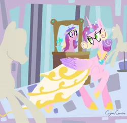 Size: 1135x1104 | Tagged: safe, artist:crypticcervine, derpibooru import, princess cadance, queen chrysalis, alicorn, pony, a canterlot wedding, clothes, disguise, disguised changeling, dress, duo, fake cadance, female, green eyes, image, jpeg, mannequin, mare, mirror, raised hoof, signature, this day aria, wedding dress