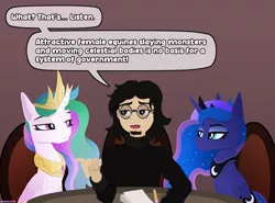 Size: 3773x2795 | Tagged: safe, artist:andaluce, derpibooru import, princess celestia, princess luna, alicorn, human, cover art, image, jewelry, monty python, monty python and the holy grail, png, regalia, simple background, speech bubble, unamused