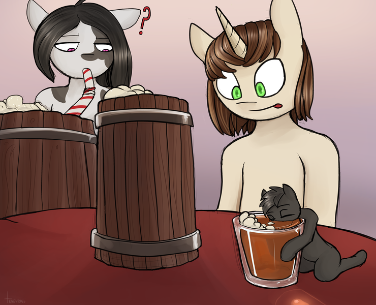 Size: 5785x4688 | Tagged: safe, artist:tenenbris, derpibooru import, oc, oc:elinvar, oc:inkenel, oc:oretha, pony, alcohol, confused, curious, drunk, glass, hangover, image, macro, micro, passed out, png, question mark, shot glass, size difference