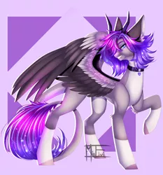 Size: 2988x3204 | Tagged: safe, artist:minelvi, derpibooru import, oc, oc:ouija, unofficial characters only, pegasus, pony, abstract background, choker, horns, image, pegasus oc, png, raised hoof, signature, socks (coat marking), solo, wings