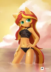 Size: 1000x1407 | Tagged: safe, artist:howxu, derpibooru import, sunset shimmer, anthro, equestria girls, adorasexy, beach, beach shorts swimsuit, belly button, bikini, breasts, busty sunset shimmer, clothes, cloud, cute, female, hand on hip, image, ocean, png, sexy, shimmerbetes, skinny, sky, solo, summer sunset, sunset shimmer's beach shorts swimsuit, swimsuit, water