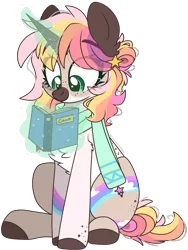 Size: 1617x2155 | Tagged: safe, artist:cinnamontee, derpibooru import, oc, oc:pastella, unofficial characters only, pony, unicorn, book, chest fluff, clothes, commission, eye clipping through hair, female, freckles, glowing horn, horn, image, magic, mare, png, scarf, simple background, sitting, smiling, solo, telekinesis, transparent background