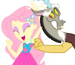 Size: 799x696 | Tagged: safe, derpibooru import, discord, fluttershy, draconequus, equestria girls, armpit tickling, armpits, image, png, simple background, tickle torture, tickling, underarm tickling, white background