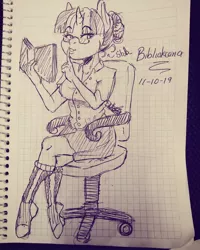 Size: 1080x1350 | Tagged: safe, artist:beyond_inside, derpibooru import, twilight sparkle, anthro, unguligrade anthro, unicorn, book, clothes, female, glasses, graph paper, image, inktober, inktober 2019, jpeg, lineart, reading, shhh, sitting, solo, style emulation, traditional art, unicorn twilight